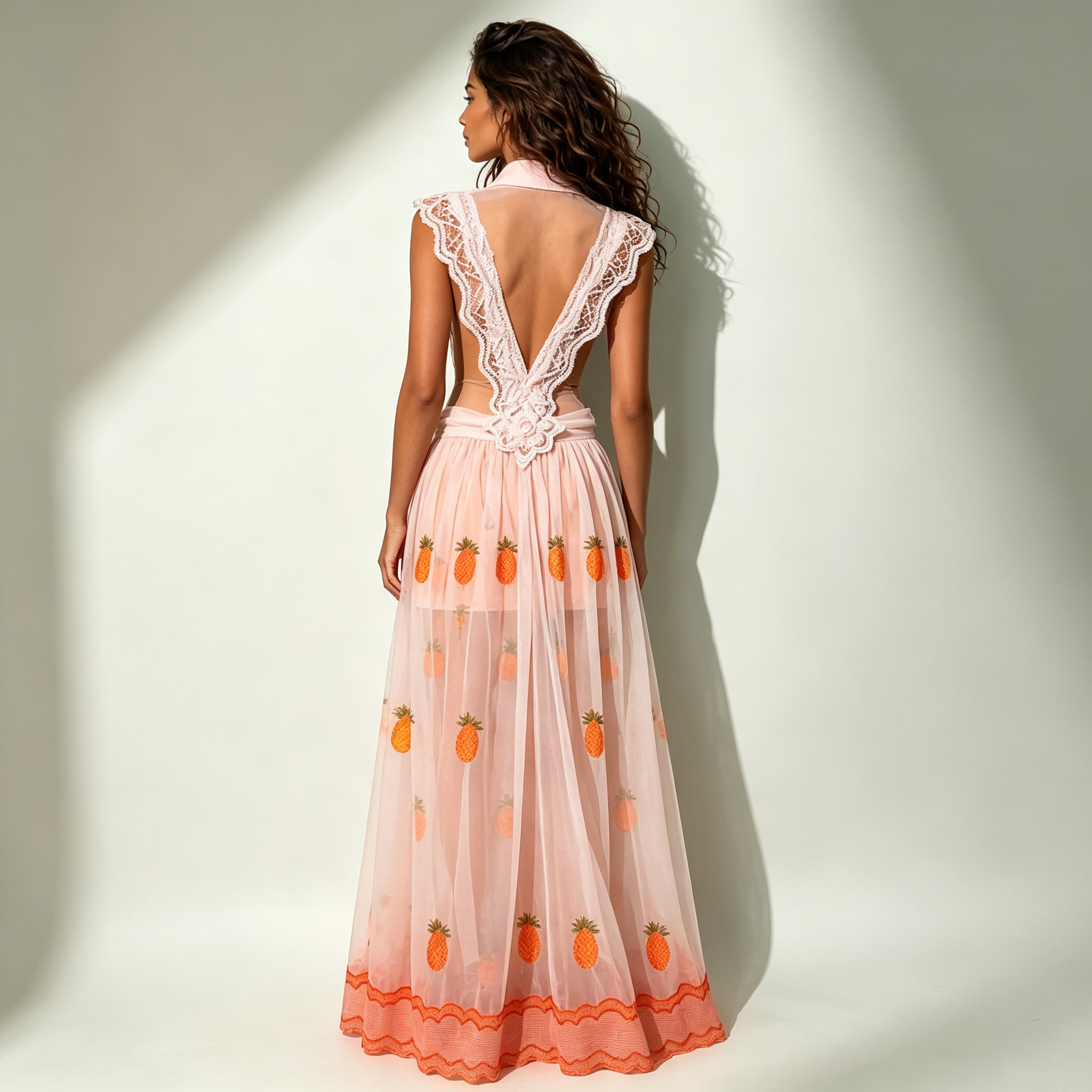 Clara Light Pink Lace-Trimmed Pineapple Embroidered Maxi Dress