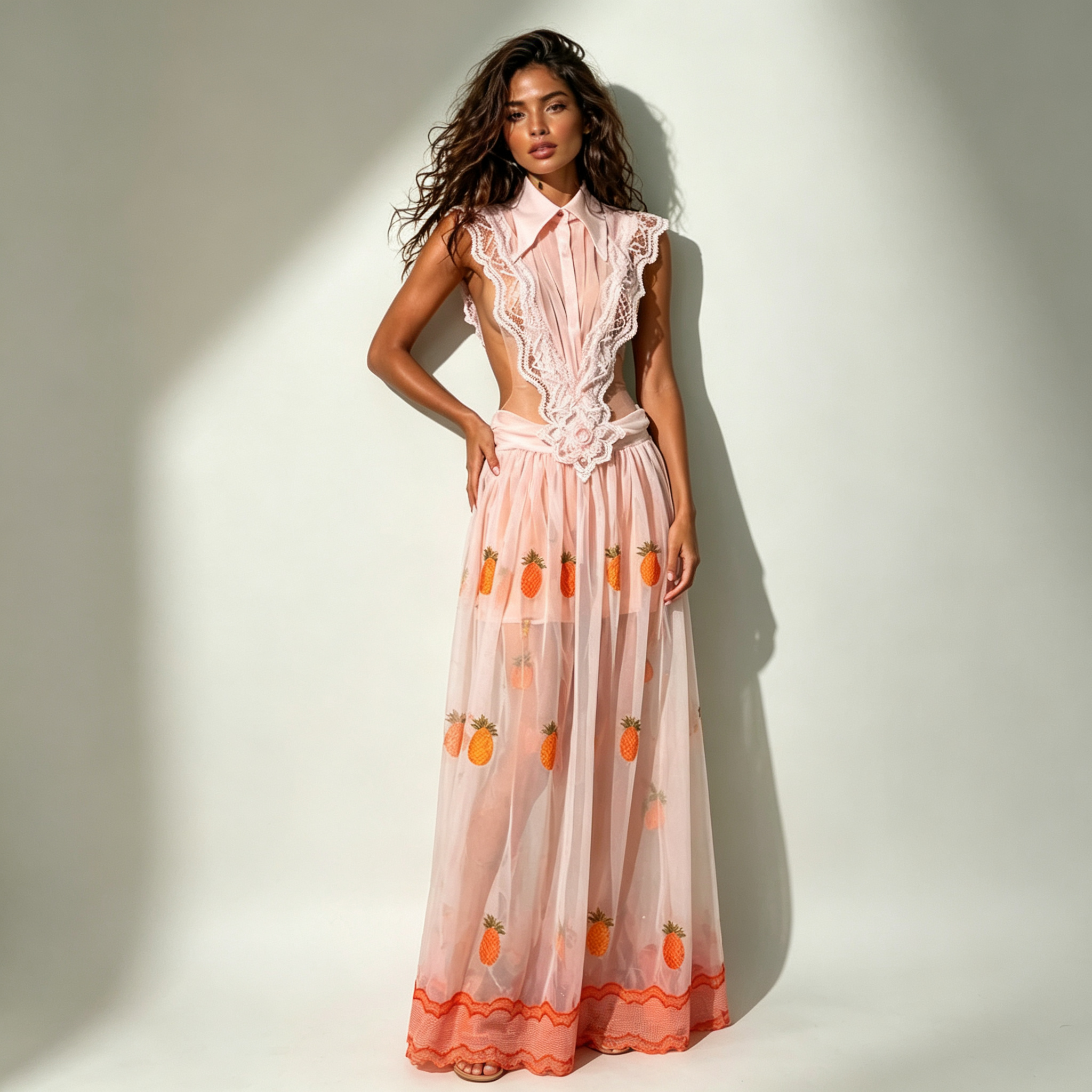 Clara Light Pink Lace-Trimmed Pineapple Embroidered Maxi Dress