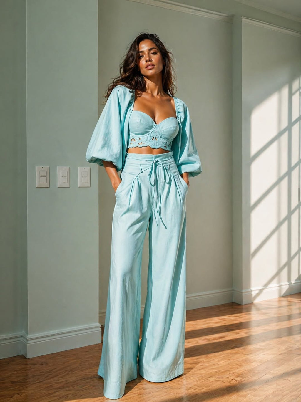 Aurora Tiffany Blue Lace Bustier Crop Top & Wide Leg Pants Set With Cardigan