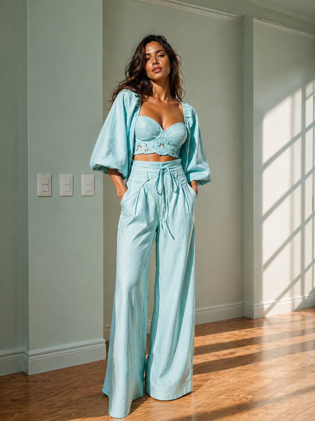 Aurora Tiffany Blue Lace Bustier Crop Top & Wide Leg Pants Set With Cardigan
