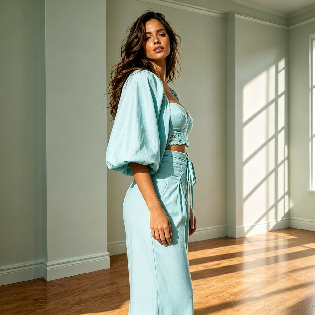 Aurora Tiffany Blue Lace Bustier Crop Top & Wide Leg Pants Set With Cardigan