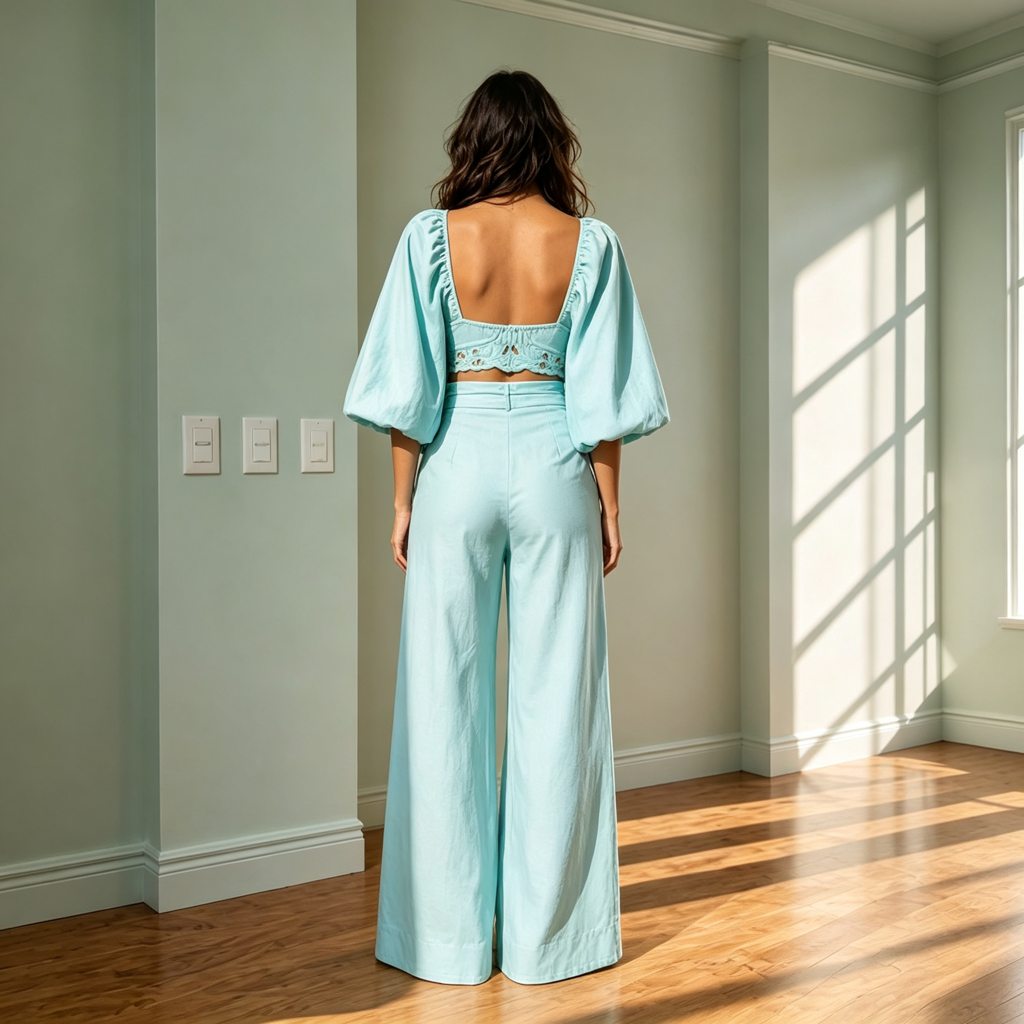 Aurora Tiffany Blue Lace Bustier Crop Top & Wide Leg Pants Set With Cardigan