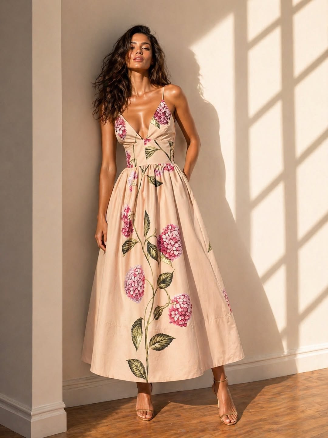 Dahlia Blush Pink Floral Print Midi Dress With Pockets