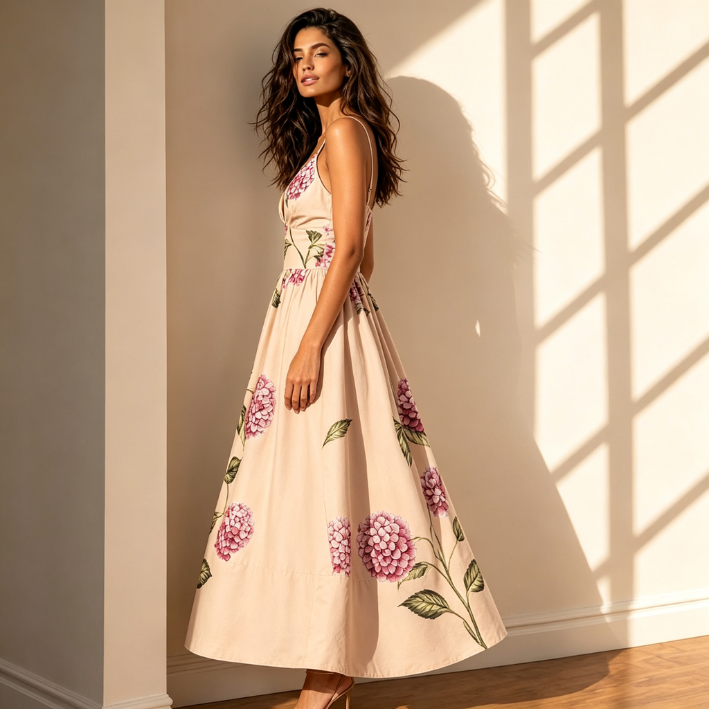 Dahlia Blush Pink Floral Print Midi Dress With Pockets