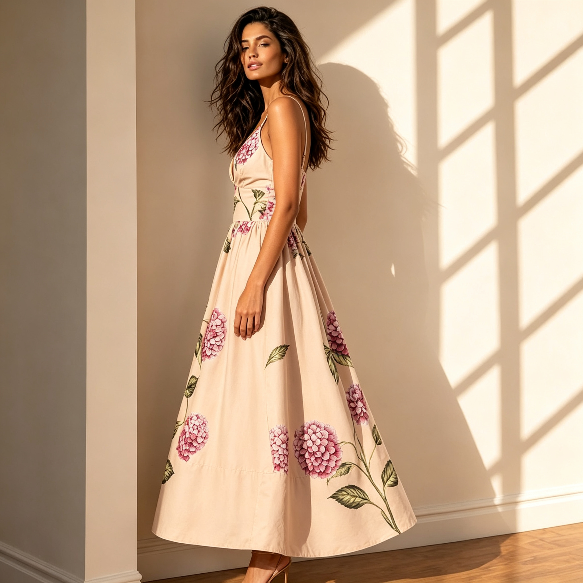 Dahlia Blush Pink Floral Print Midi Dress With Pockets
