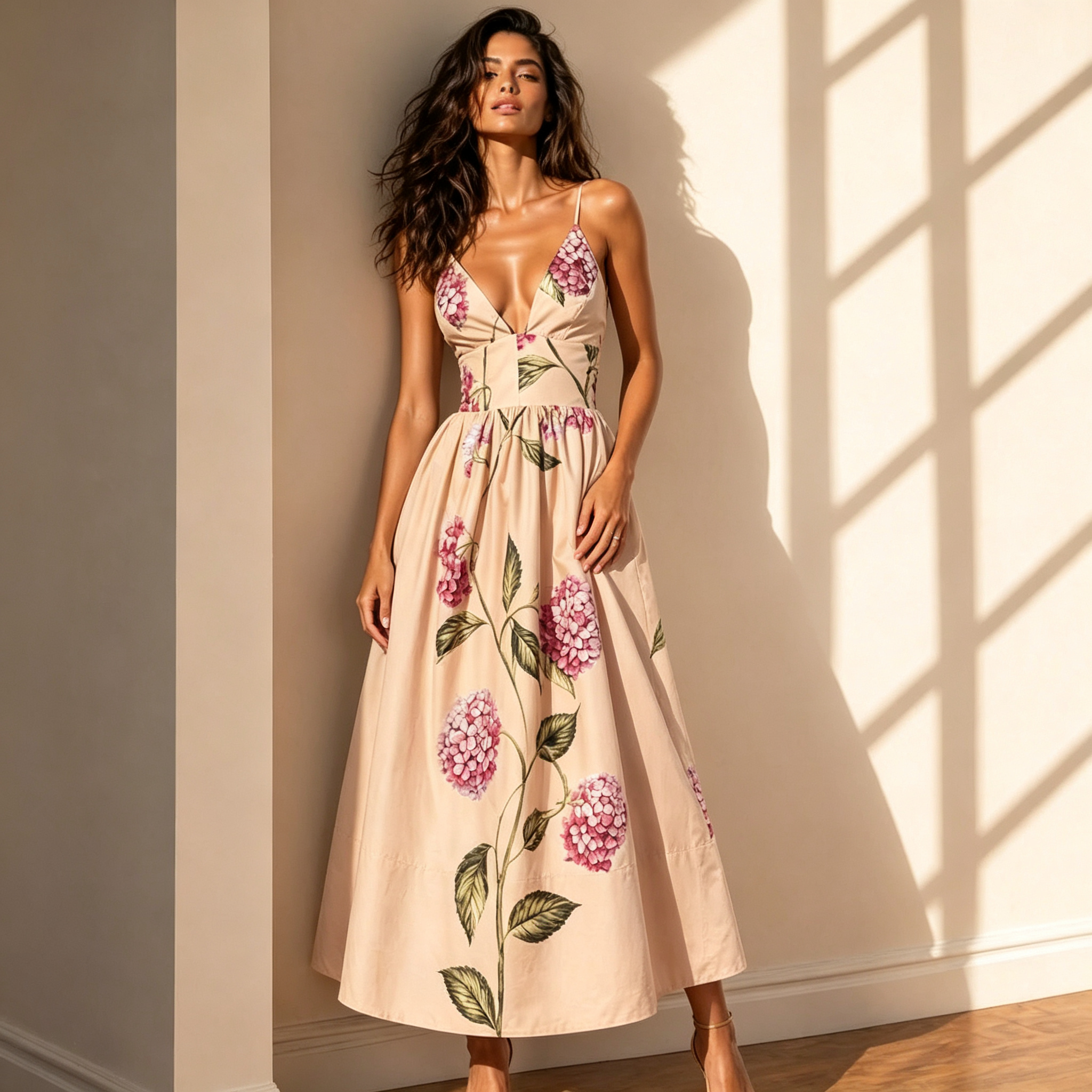 Dahlia Blush Pink Floral Print Midi Dress With Pockets