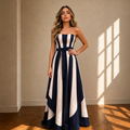 Clara Navy & White Vertical Stripe A-Line Maxi Dress With Sash
