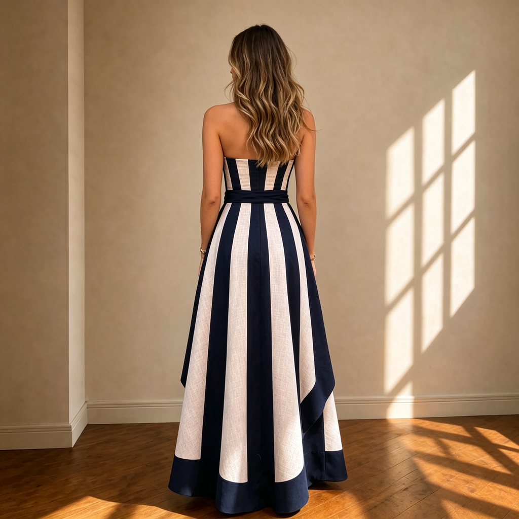 Clara Navy & White Vertical Stripe A-Line Maxi Dress With Sash