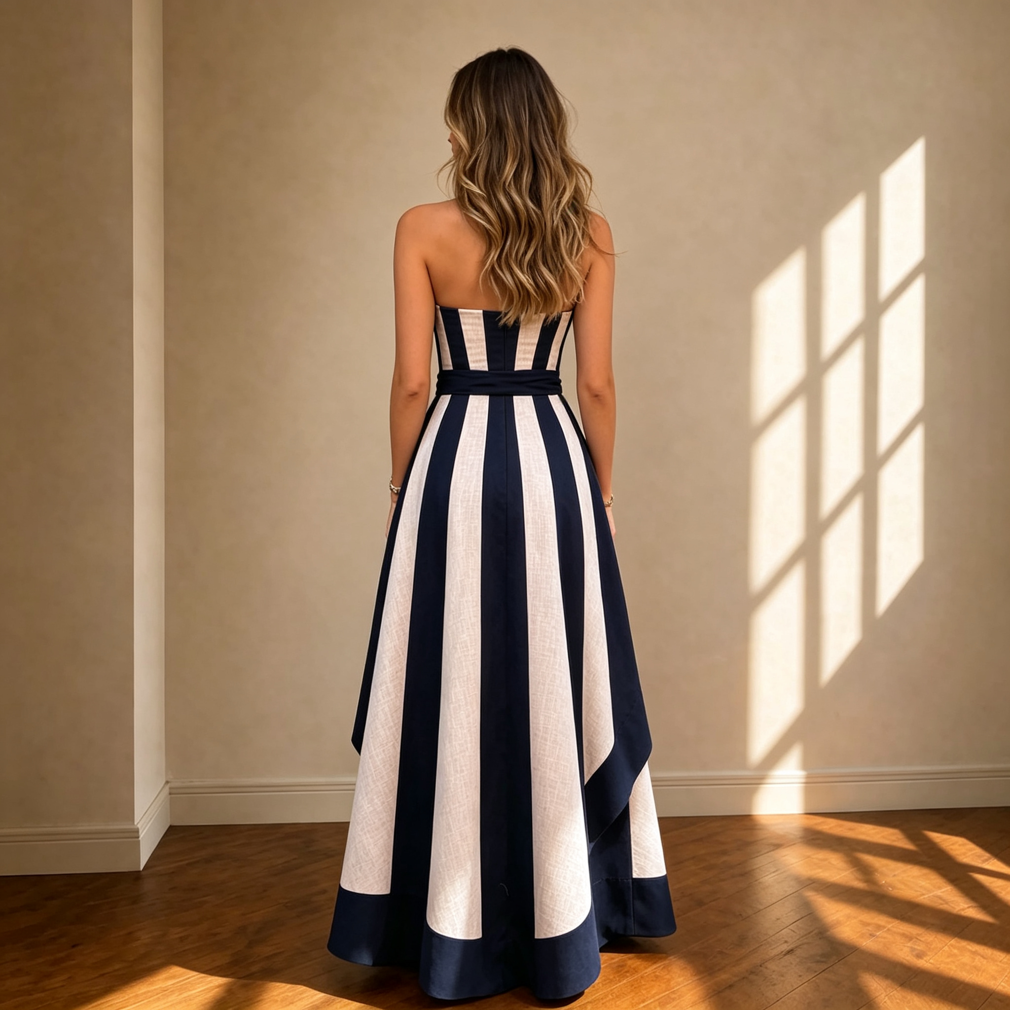 Clara Navy & White Vertical Stripe A-Line Maxi Dress With Sash