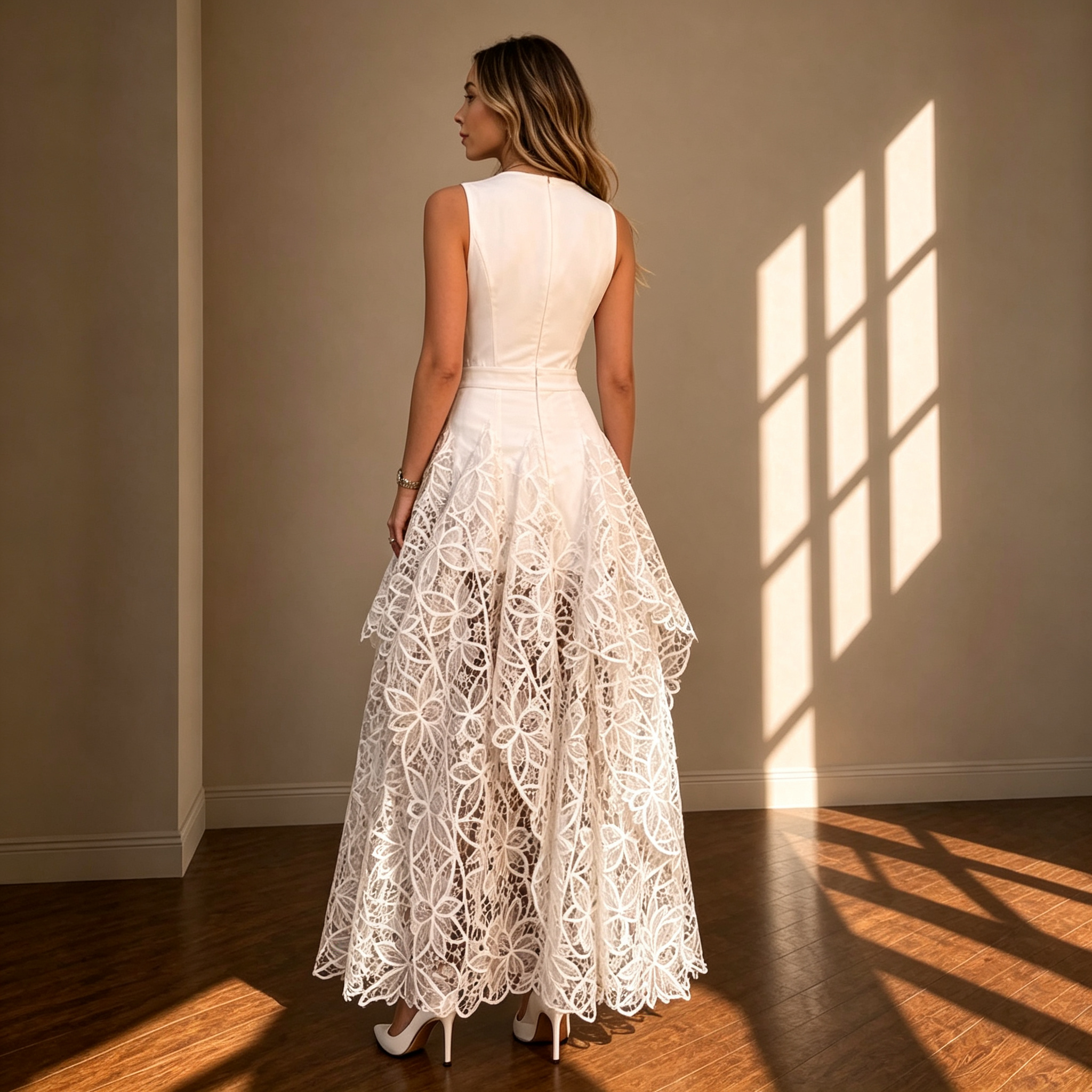 Dahlia Asymmetrical Floral Lace Maxi Dress With Satin Bodice