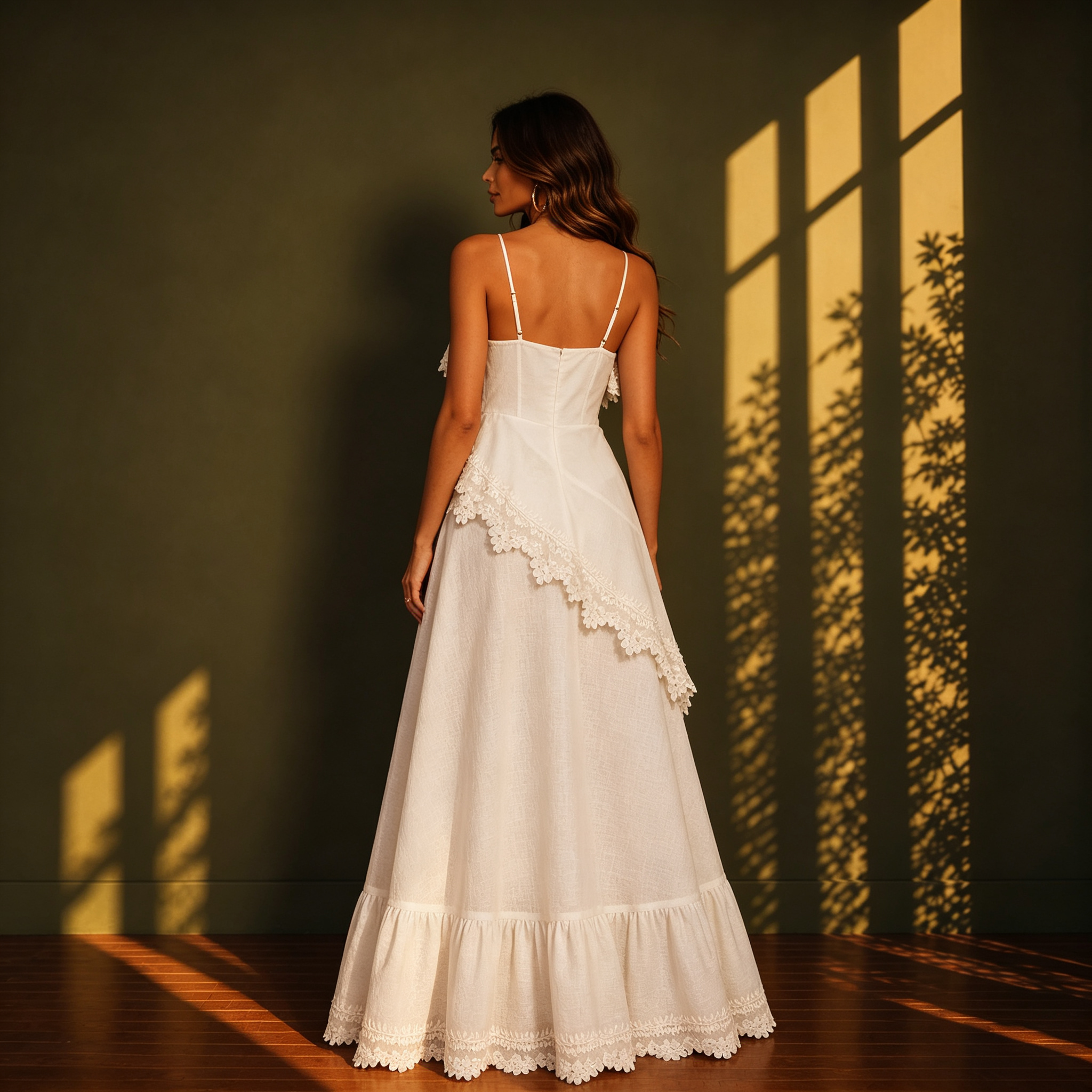 Clara White Lace Trimmed Maxi Dress With Spaghetti Straps & Waist Cutout