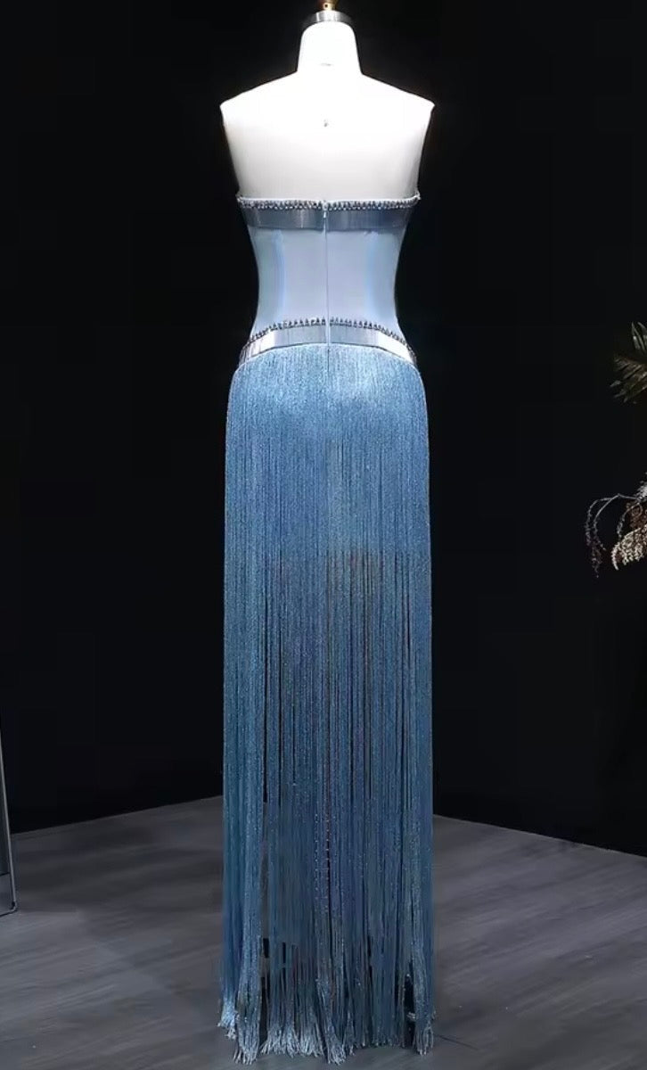 Alana Strapless Crystal Trim Corset Fringe Maxi Dress In Light Blue