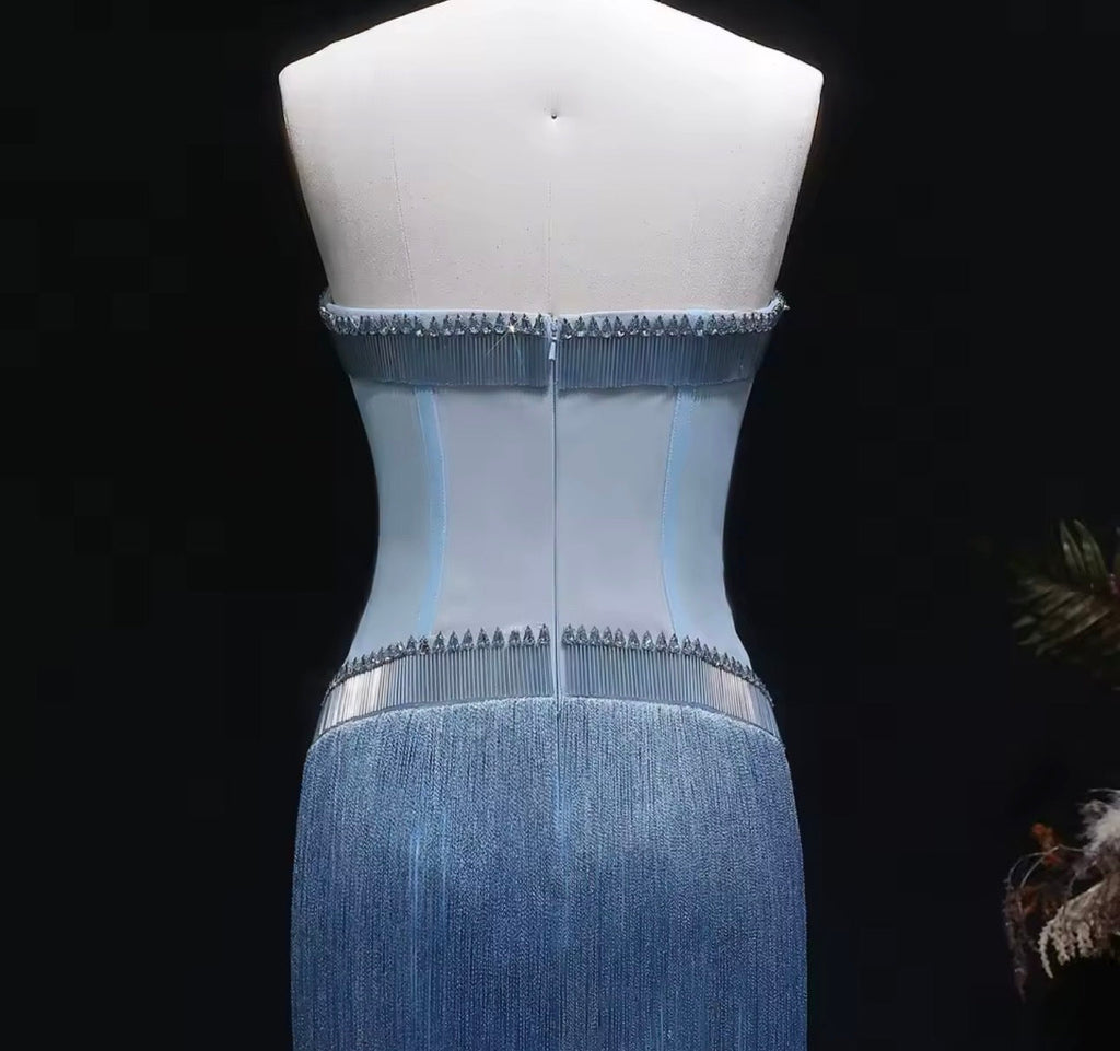 Alana Strapless Crystal Trim Corset Fringe Maxi Dress In Light Blue
