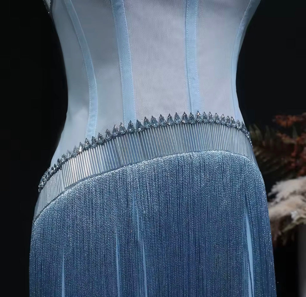 Alana Strapless Crystal Trim Corset Fringe Maxi Dress In Light Blue
