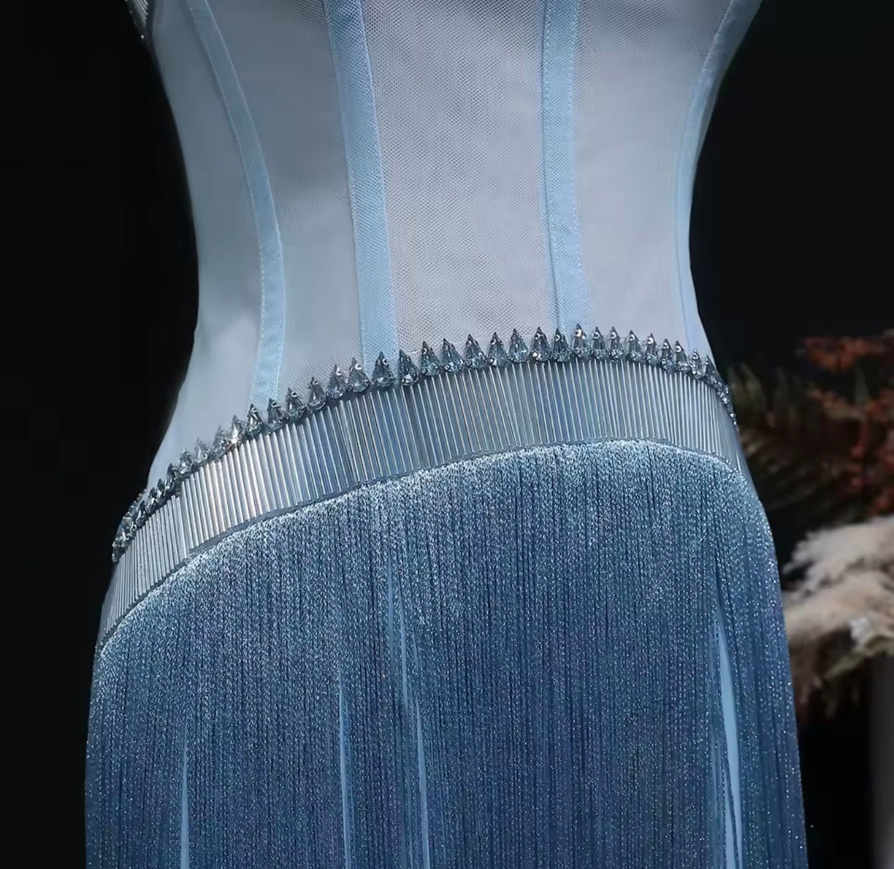 Alana Strapless Crystal Trim Corset Fringe Maxi Dress In Light Blue
