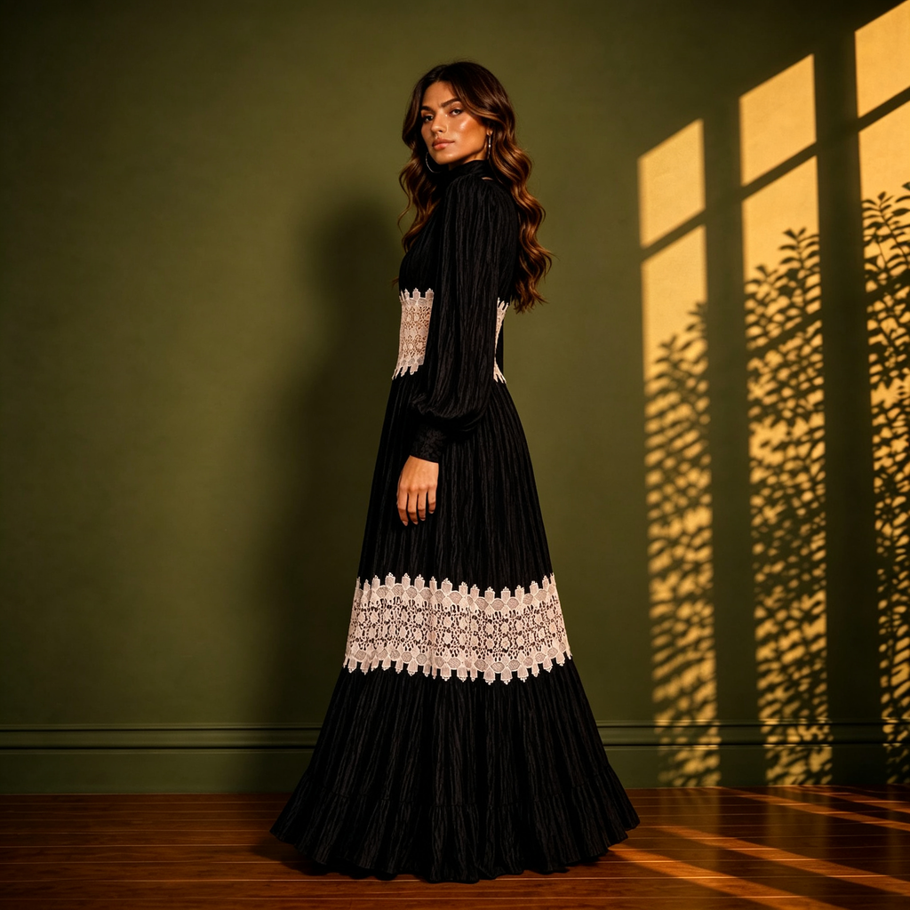 Brianna Black & Ivory Lace Trimmed Pleated Maxi Dress With Choke