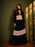 Brianna Black & Ivory Lace Trimmed Pleated Maxi Dress With Choke