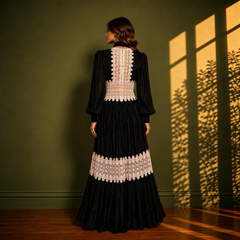 Brianna Black & Ivory Lace Trimmed Pleated Maxi Dress With Choke
