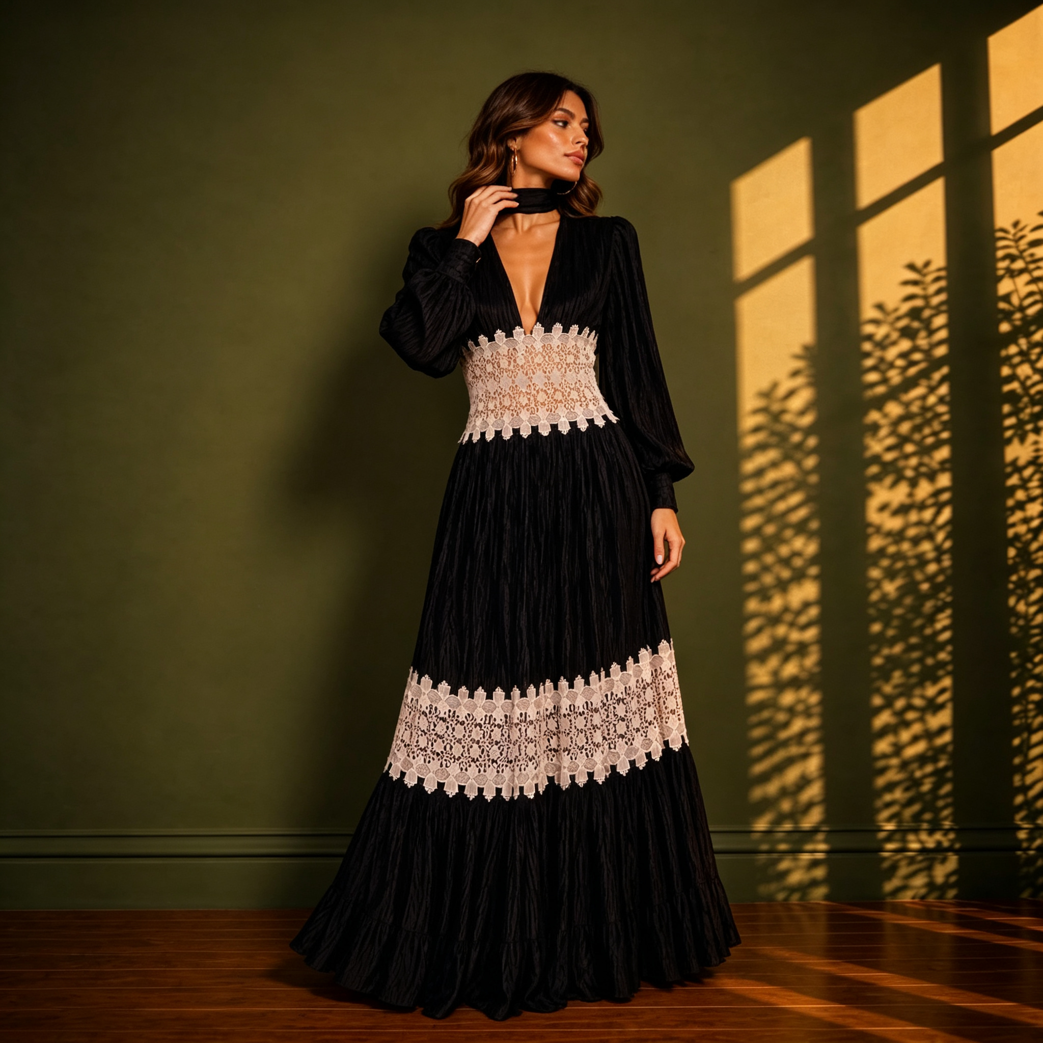 Brianna Black & Ivory Lace Trimmed Pleated Maxi Dress With Choke