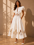 Elena Floral Cutout Linen-Like White Midi Dress With Ruffled Cap Sleeves