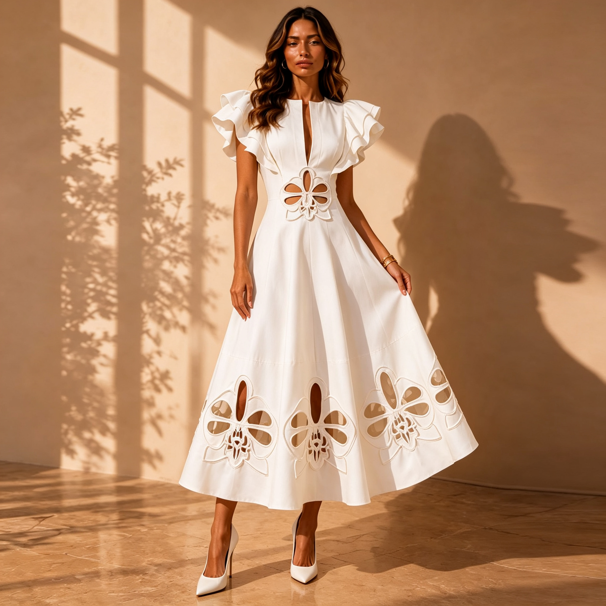 Elena Floral Cutout Linen-Like White Midi Dress With Ruffled Cap Sleeves
