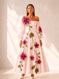 Aurora Off-Shoulder Floral Leaf Applique A-Line Dress In Blush Pink