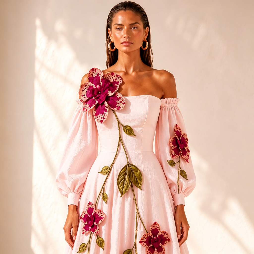 Aurora Off-Shoulder Floral Leaf Applique A-Line Dress In Blush Pink