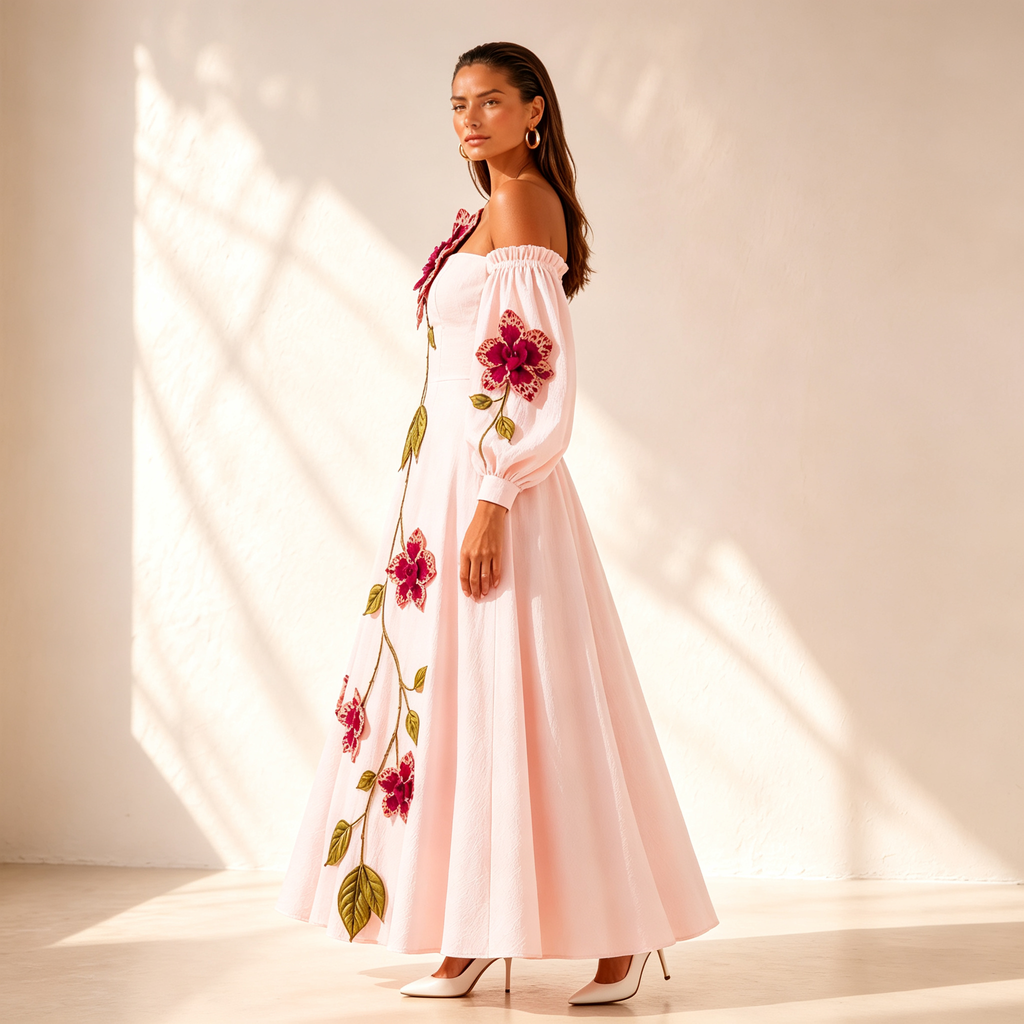 Aurora Off-Shoulder Floral Leaf Applique A-Line Dress In Blush Pink