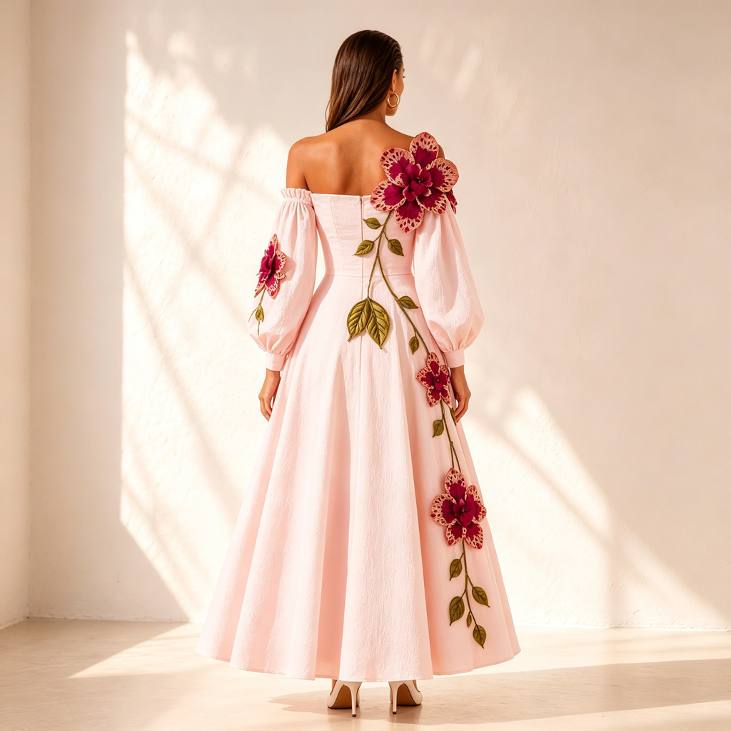 Aurora Off-Shoulder Floral Leaf Applique A-Line Dress In Blush Pink