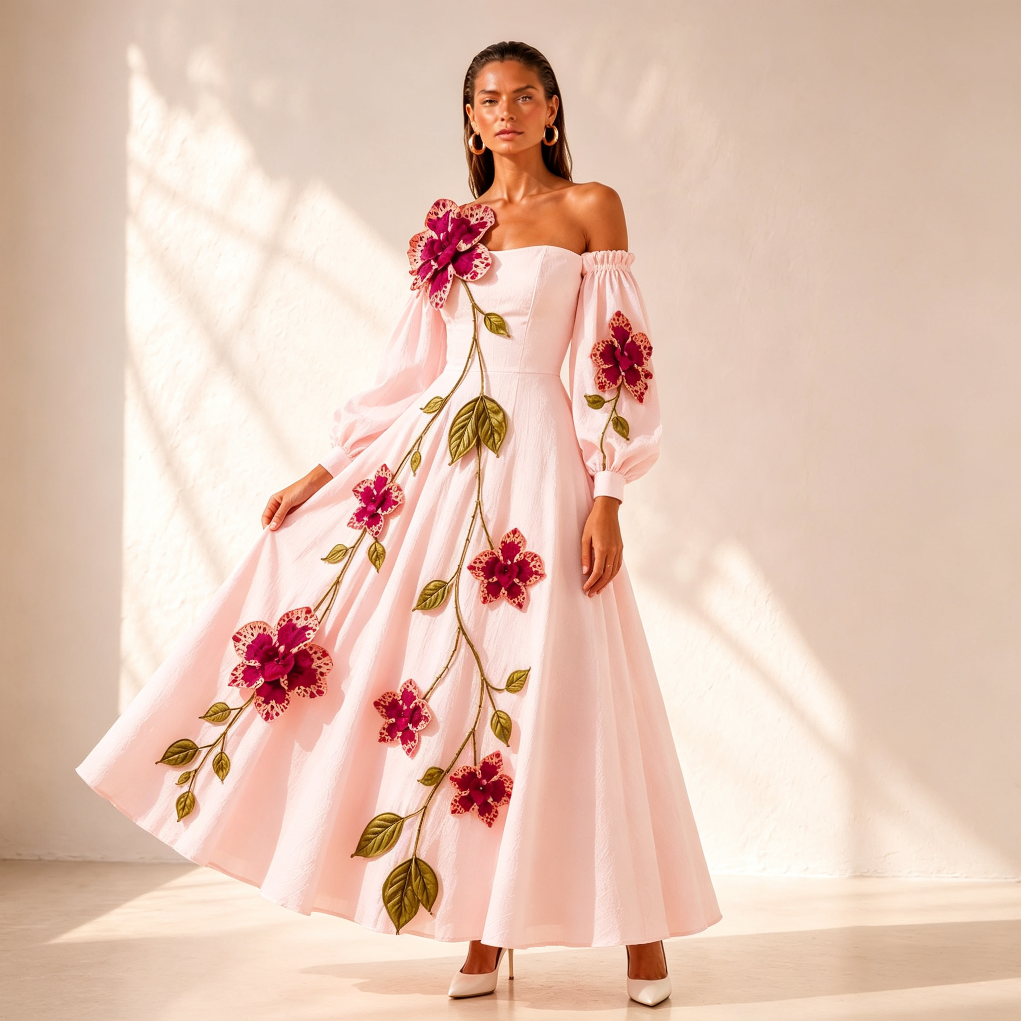 Aurora Off-Shoulder Floral Leaf Applique A-Line Dress In Blush Pink