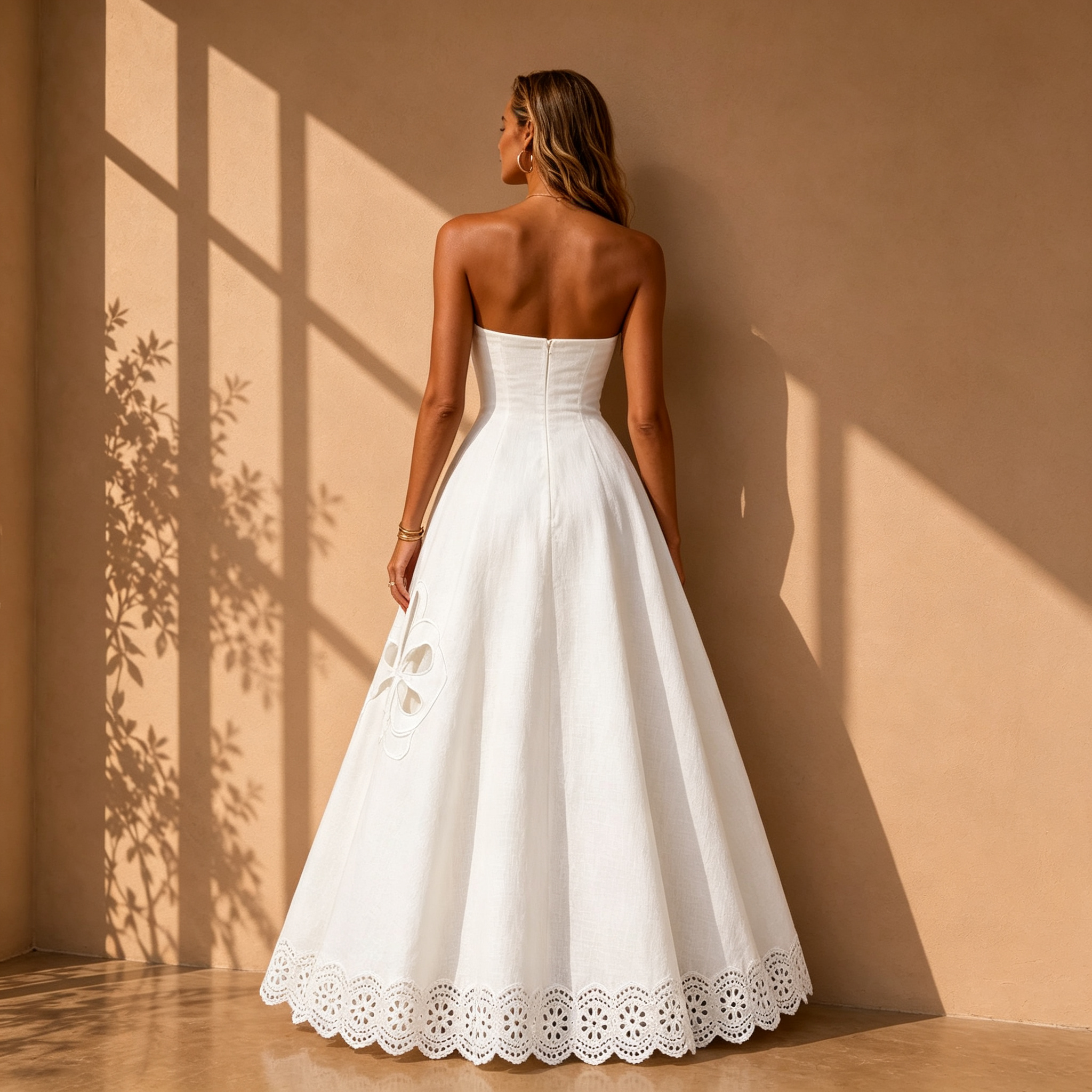 Grace Strapless Linen-Like Maxi Dress With Floral Appliqué Cutouts
