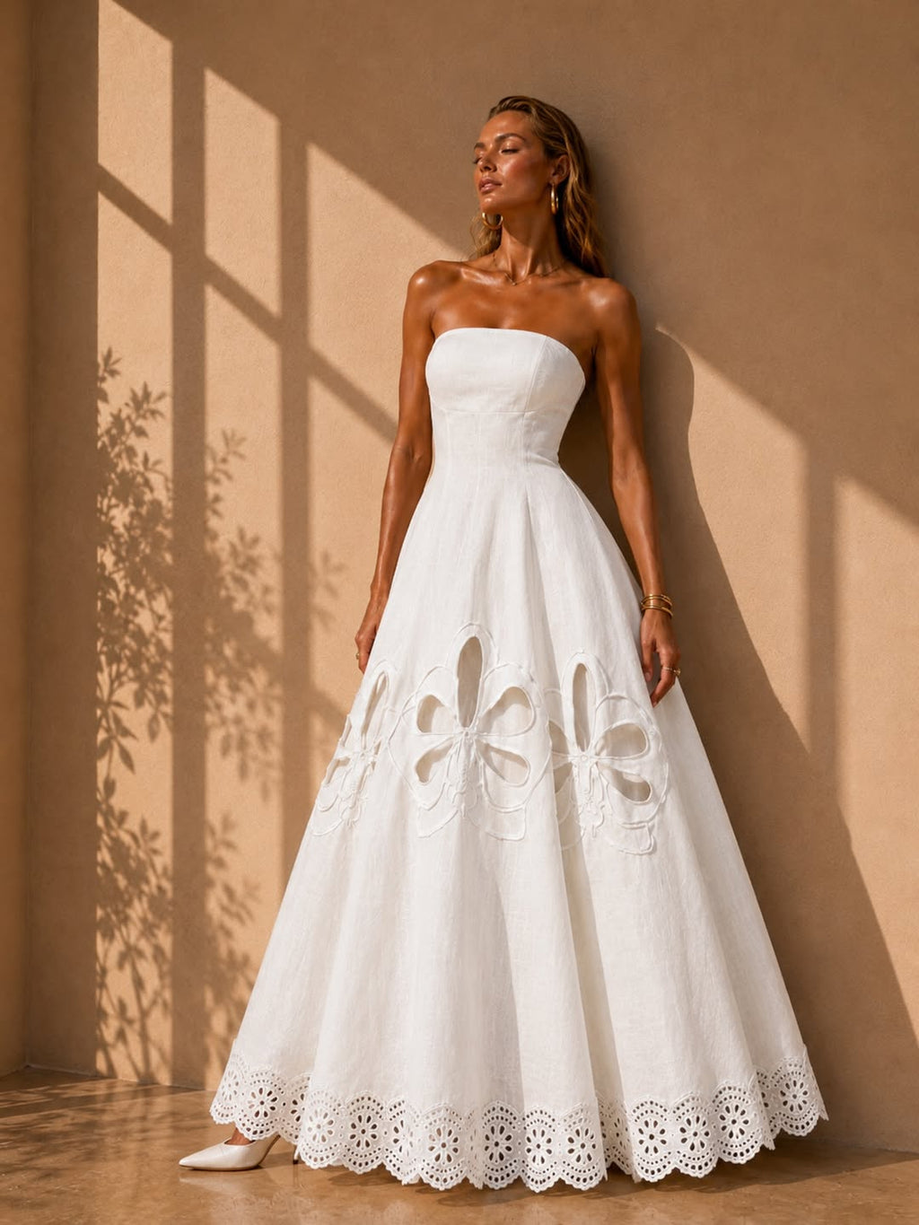 Grace Strapless Linen-Like Maxi Dress With Floral Appliqué Cutouts