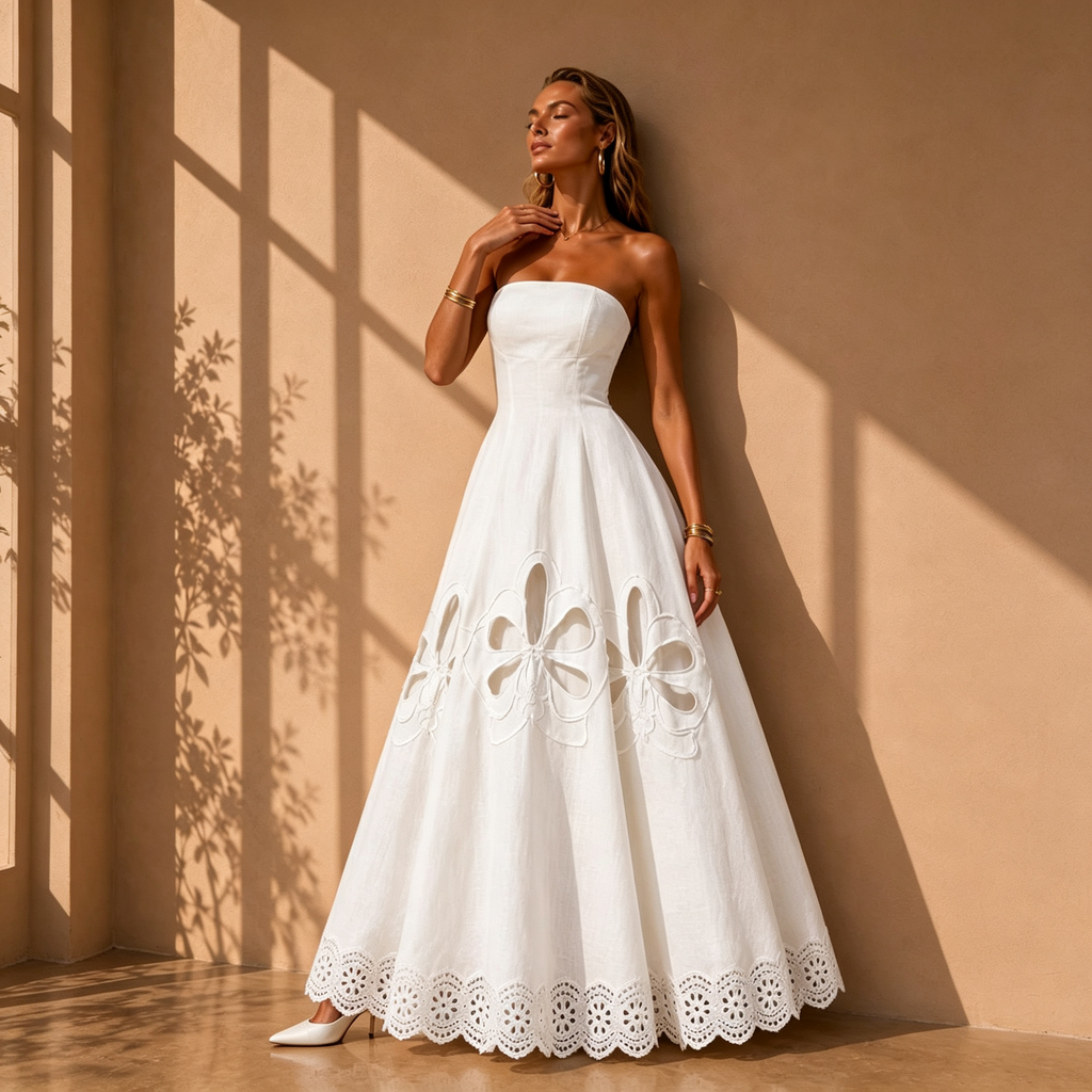 Grace Strapless Linen-Like Maxi Dress With Floral Appliqué Cutouts