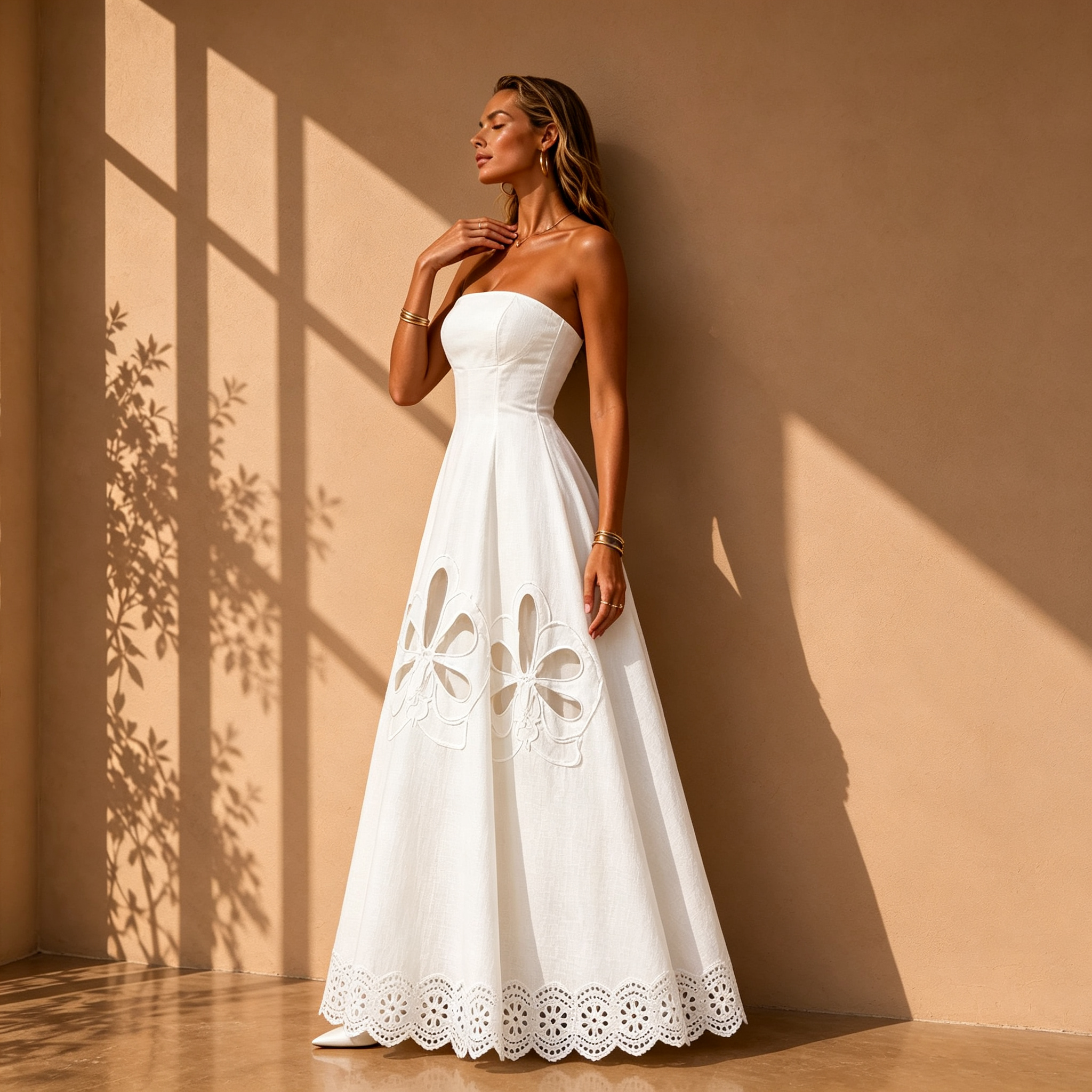 Grace Strapless Linen-Like Maxi Dress With Floral Appliqué Cutouts