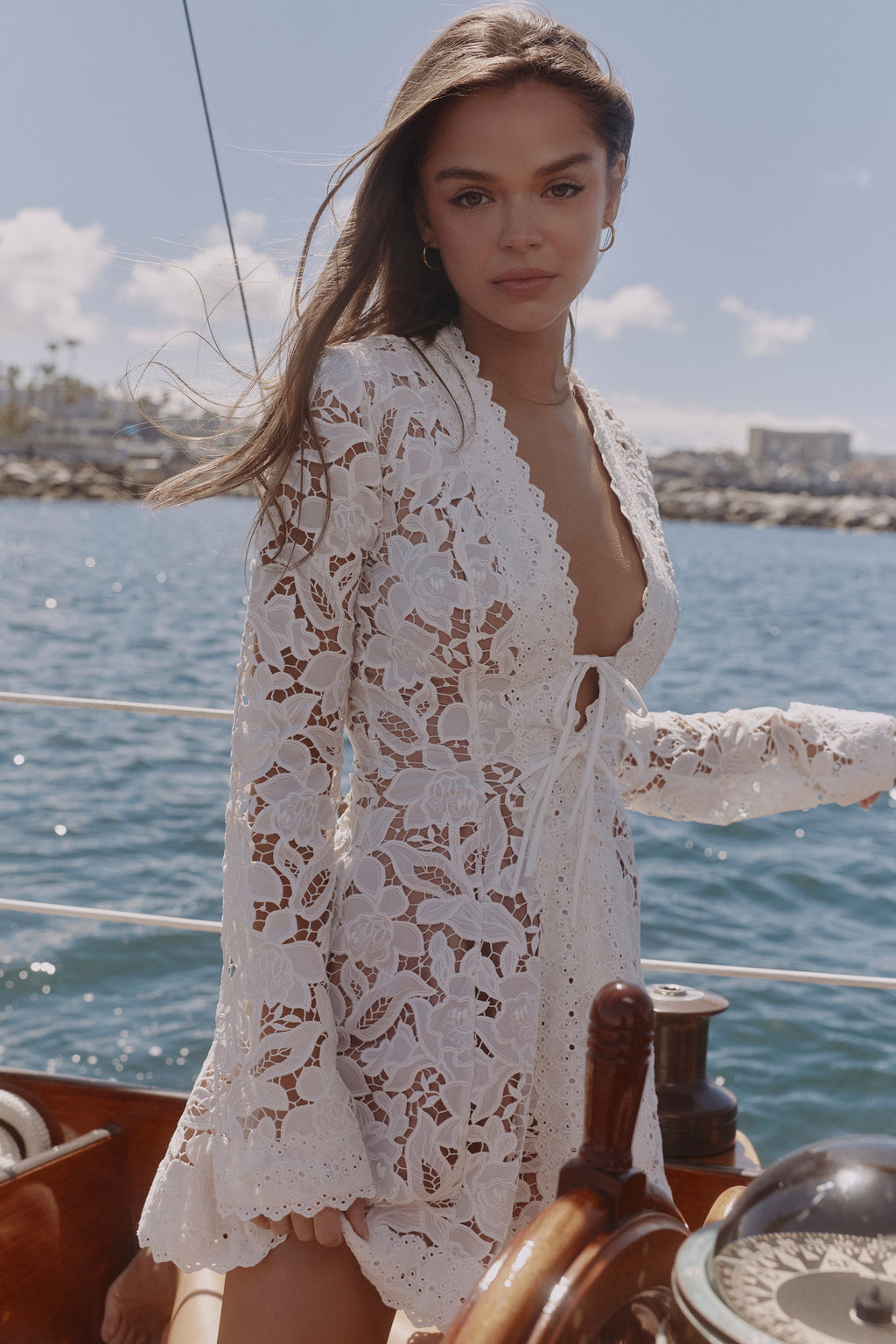 Florence White Lace Flare Sleeve A-Line Dress With Scalloped Hem
