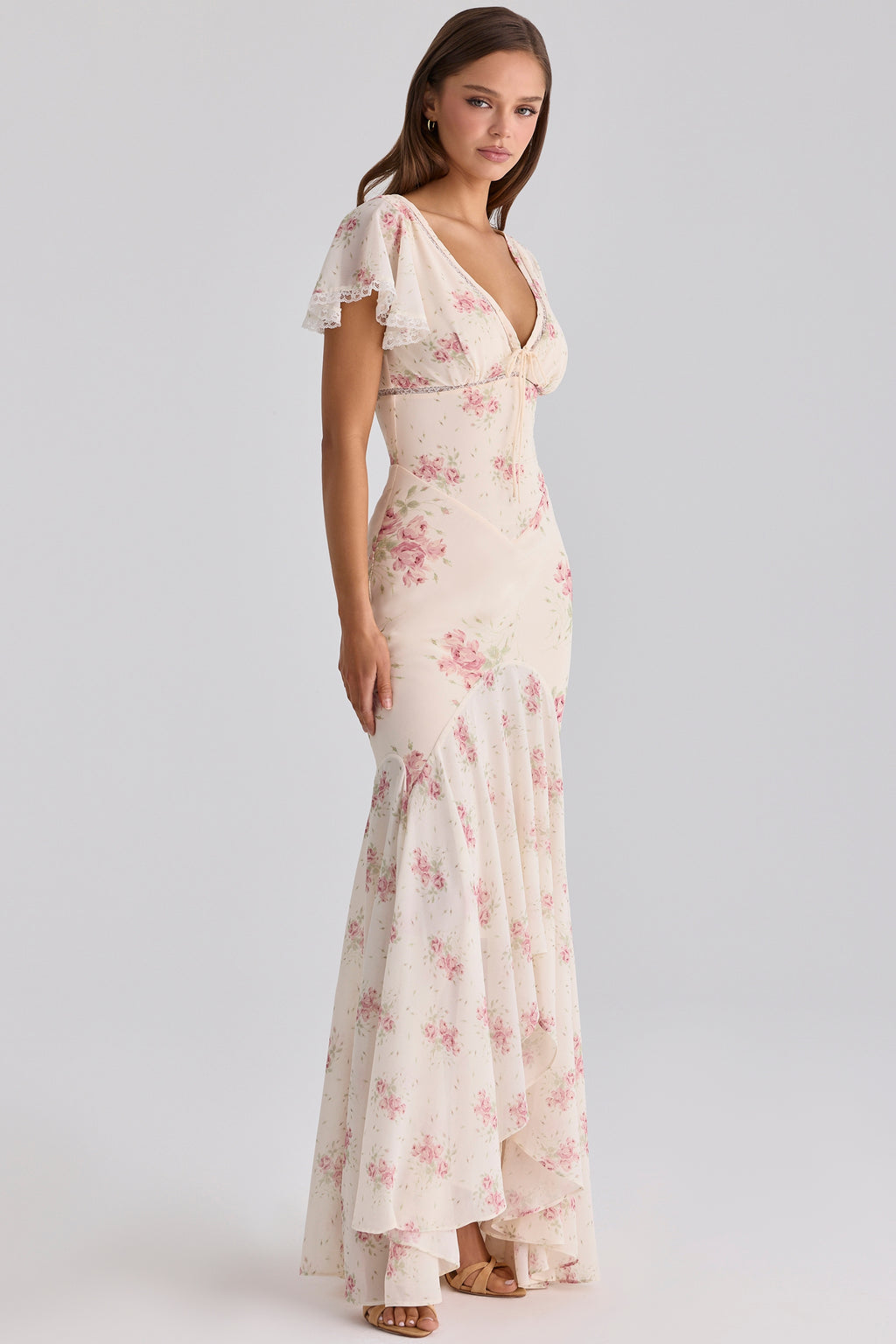 Amelia Cream Floral Print Tie-Strap Fitted Mermaid Dress