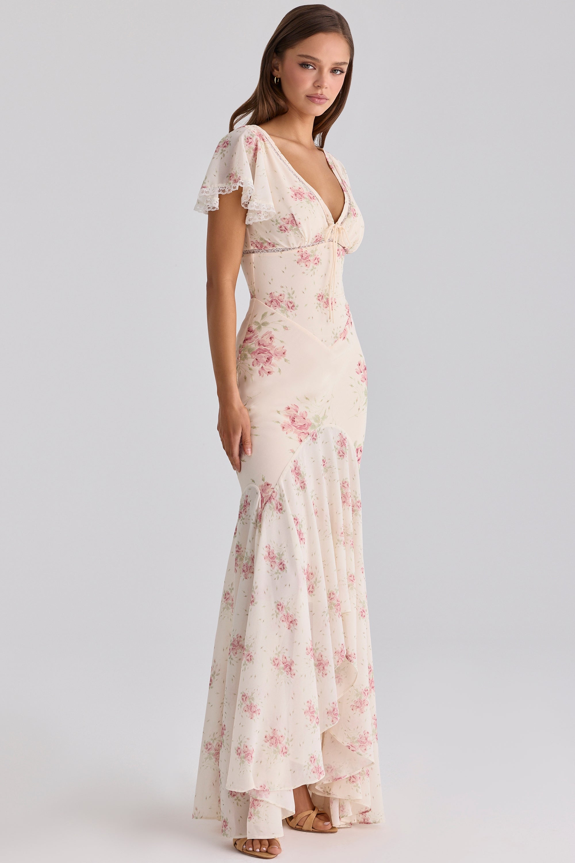 Amelia Cream Floral Print Tie-Strap Fitted Mermaid Dress