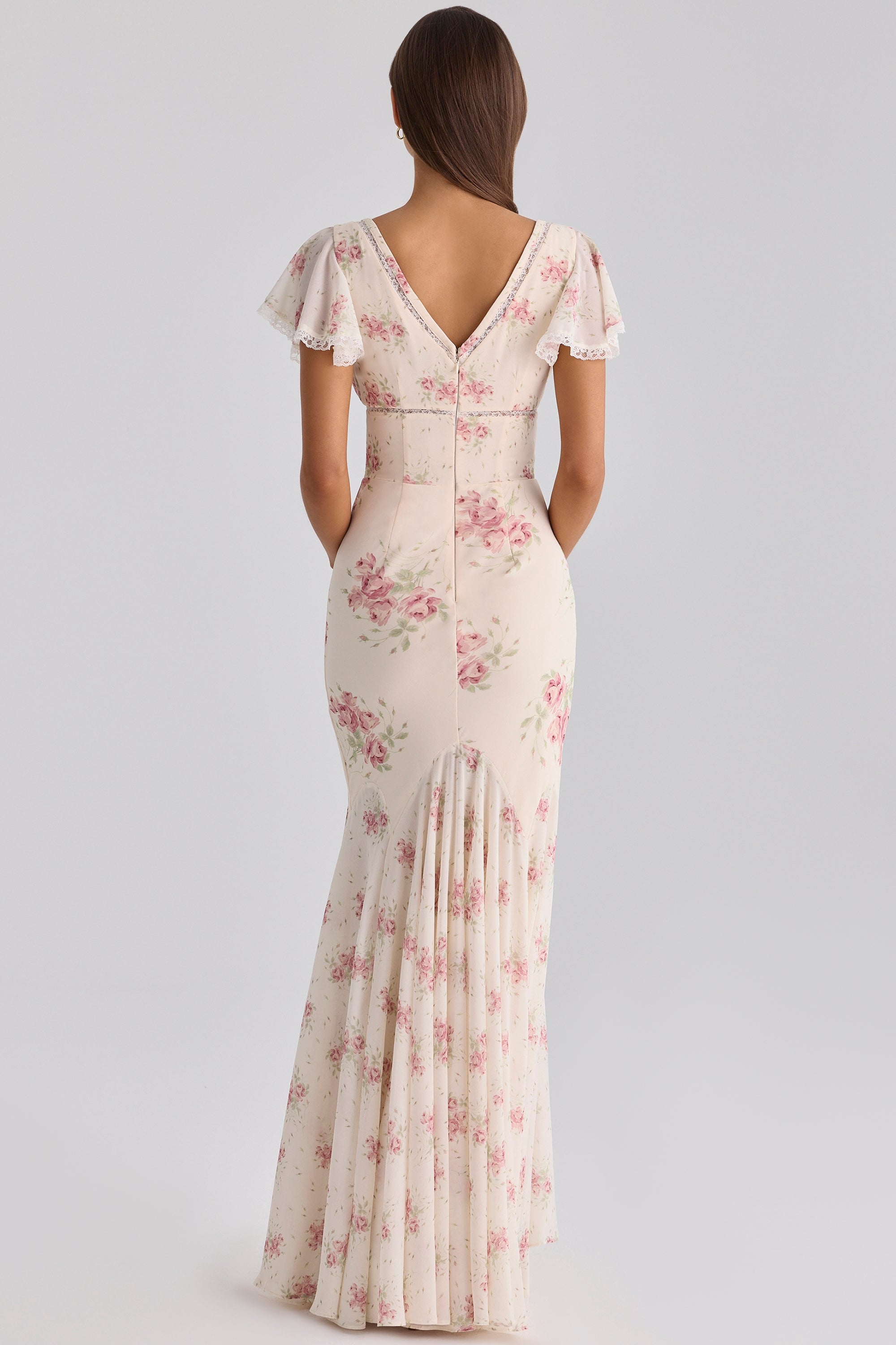 Amelia Cream Floral Print Tie-Strap Fitted Mermaid Dress