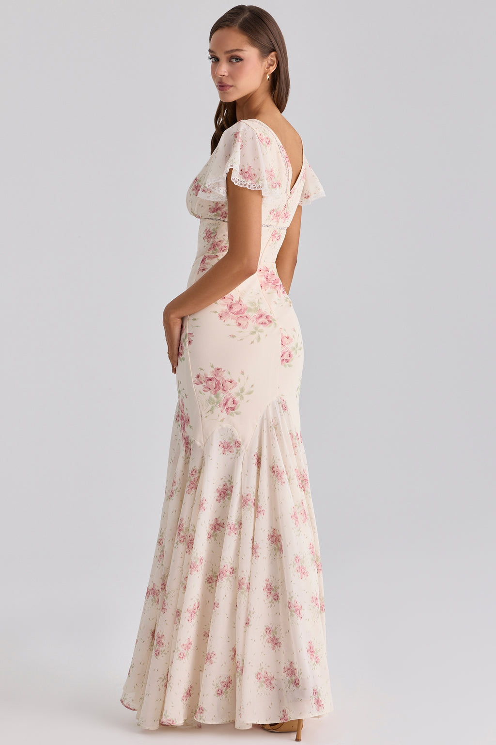Amelia Cream Floral Print Tie-Strap Fitted Mermaid Dress