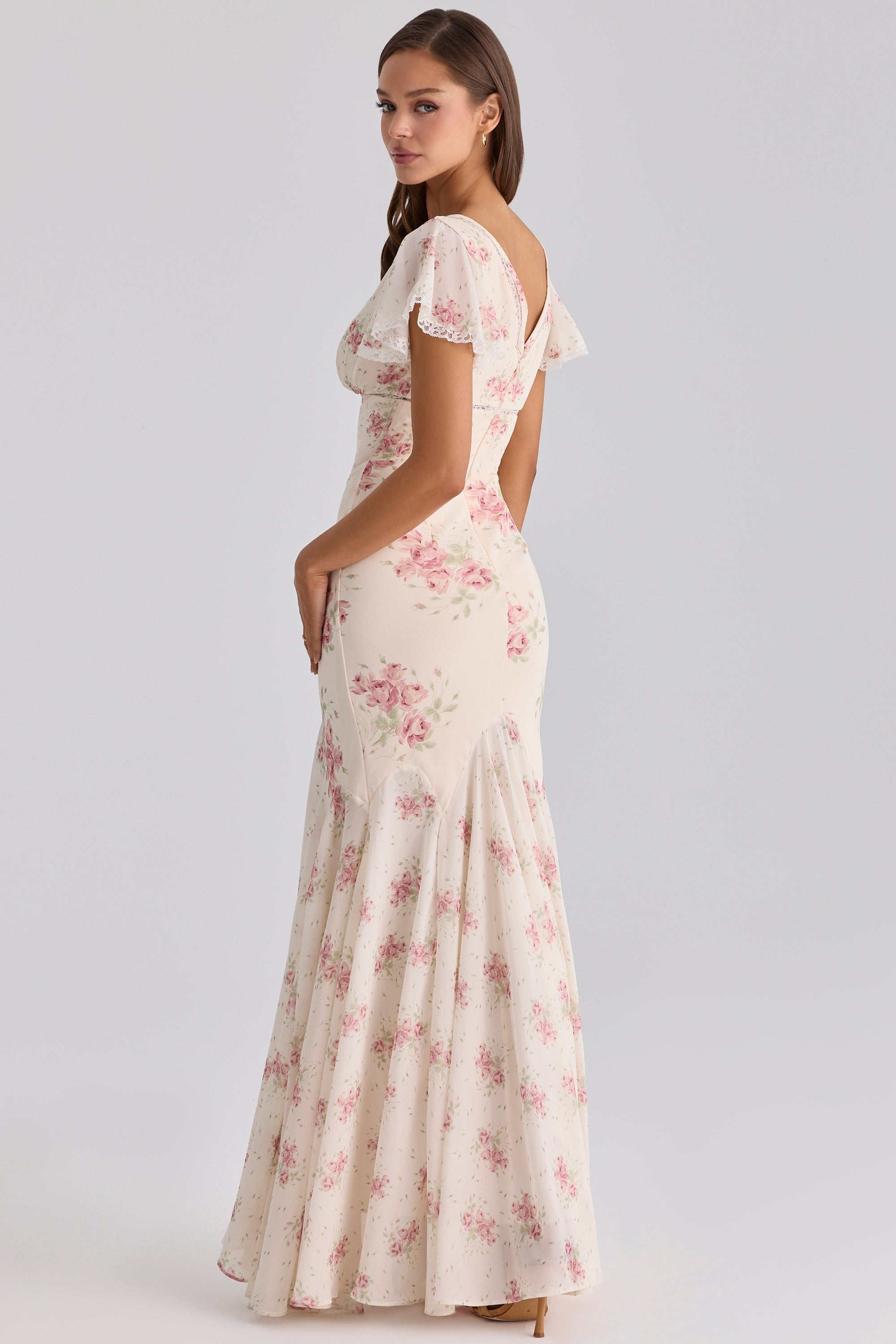 Amelia Cream Floral Print Tie-Strap Fitted Mermaid Dress