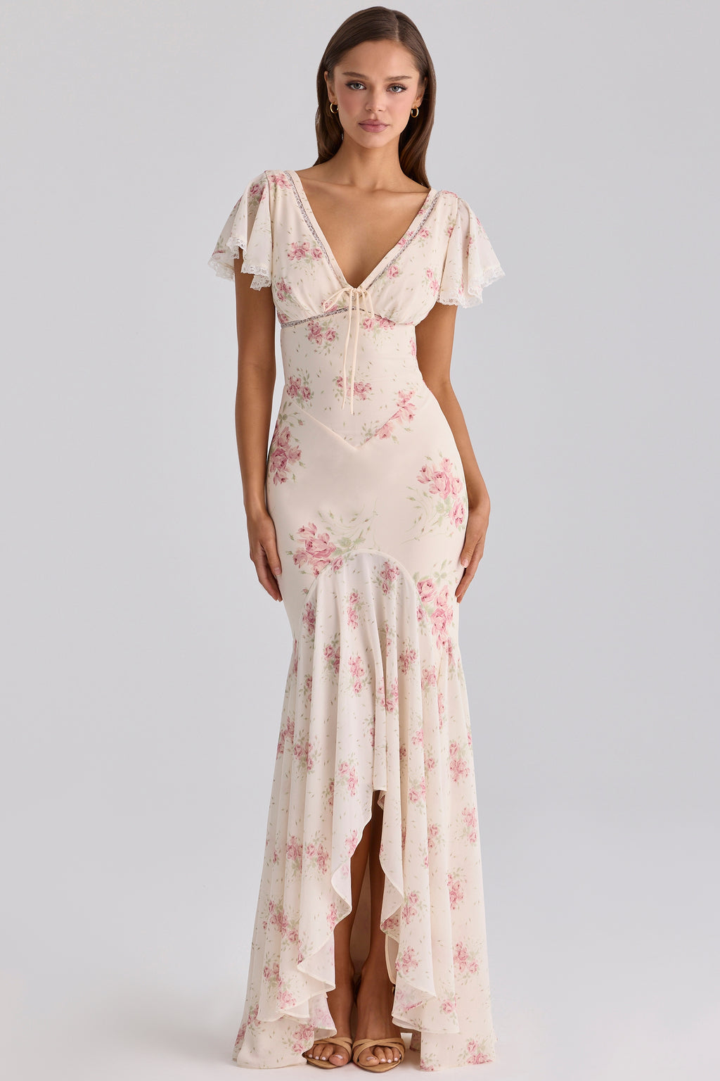 Amelia Cream Floral Print Tie-Strap Fitted Mermaid Dress