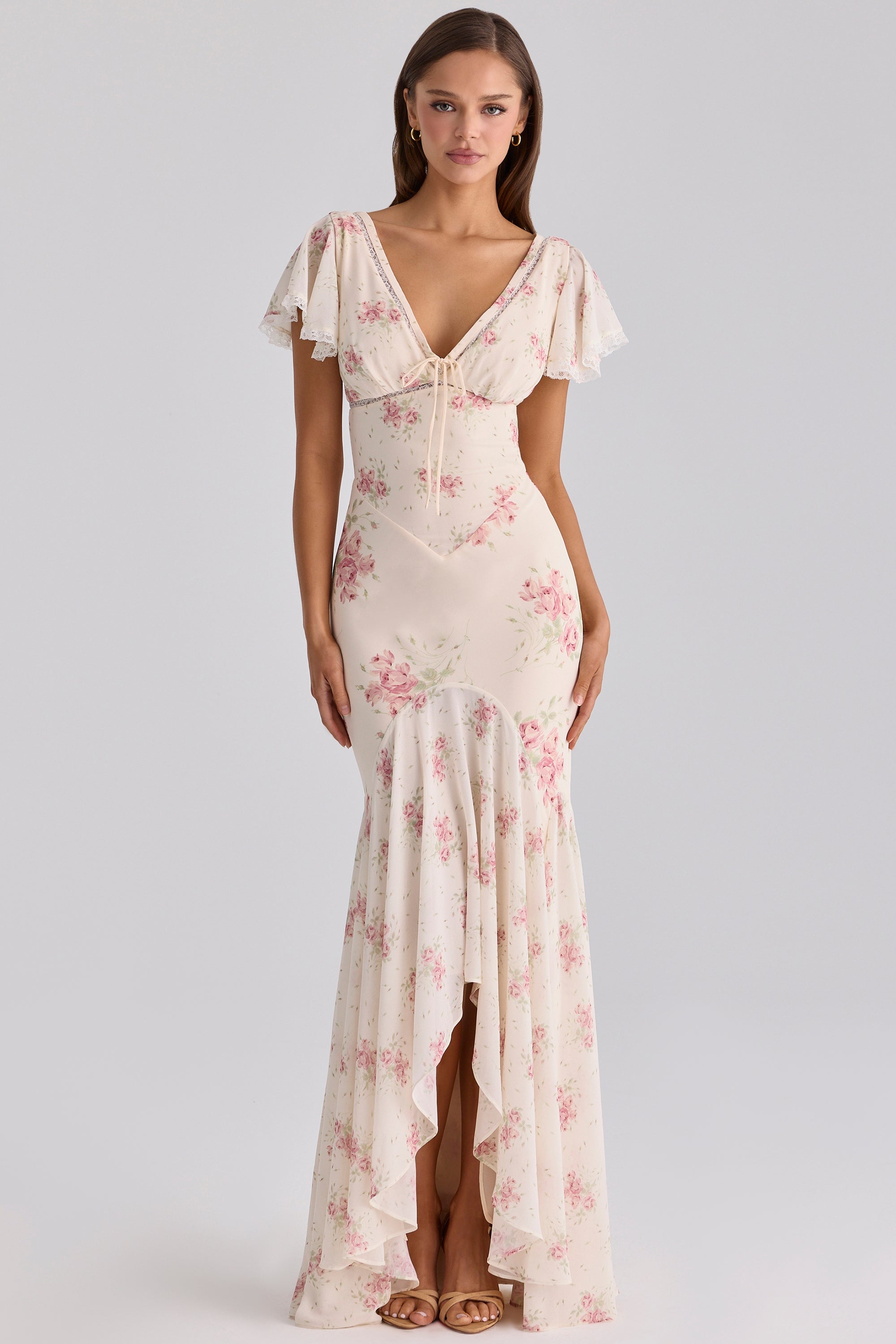 Amelia Cream Floral Print Tie-Strap Fitted Mermaid Dress
