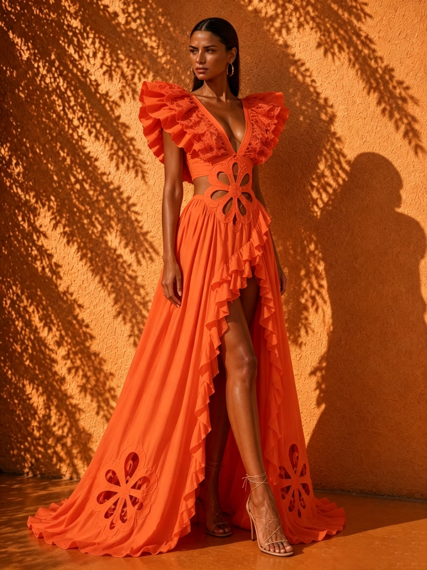 Zariah Orange Ruffled Cutout Maxi Dress
