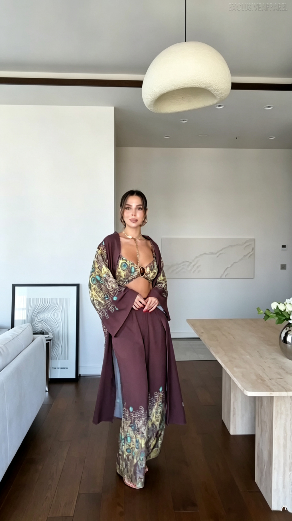 Hope Brown Color Halter Top Long Pants Cardigan Set