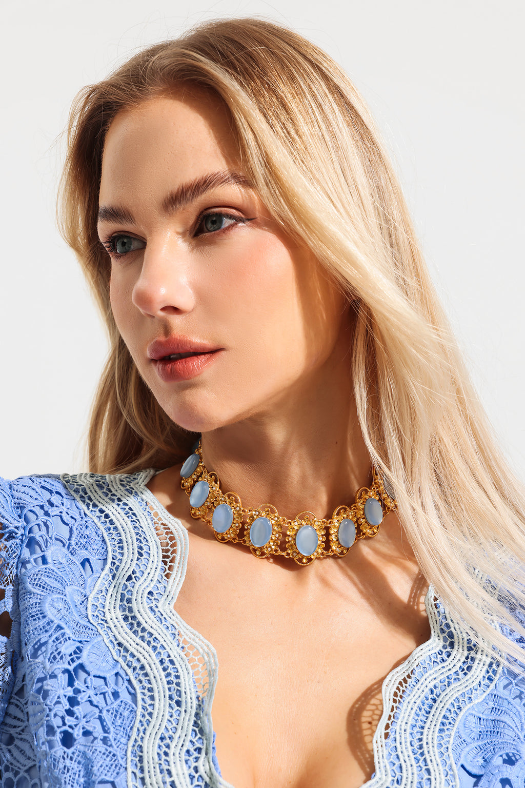 Metal Faux Sapphire Bow Shape Earrings & Necklace