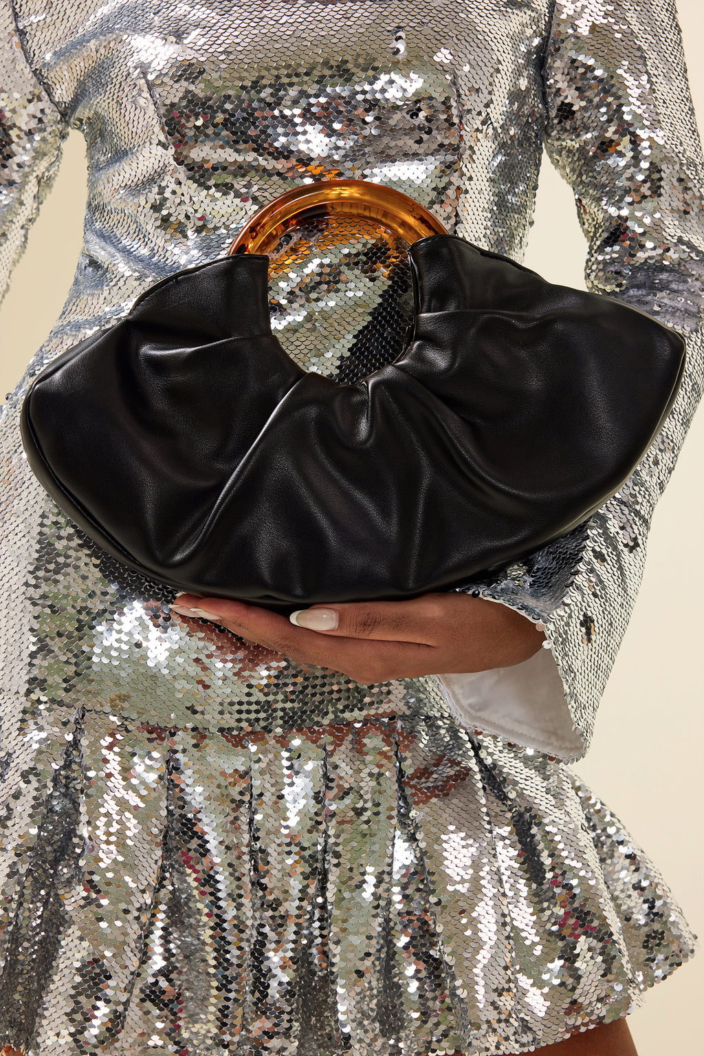 Pu Leather Acrylic Handle Ruched Bag