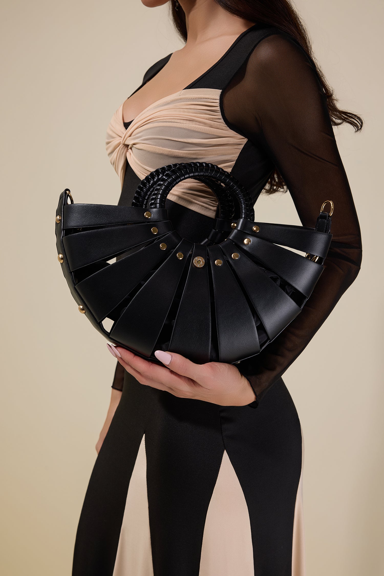PU Semi-Circular Metal Decorations Woven Bag