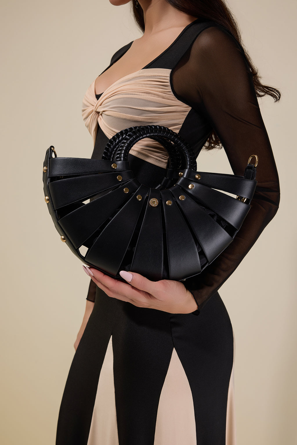 PU Semi-Circular Metal Decorations Woven Bag