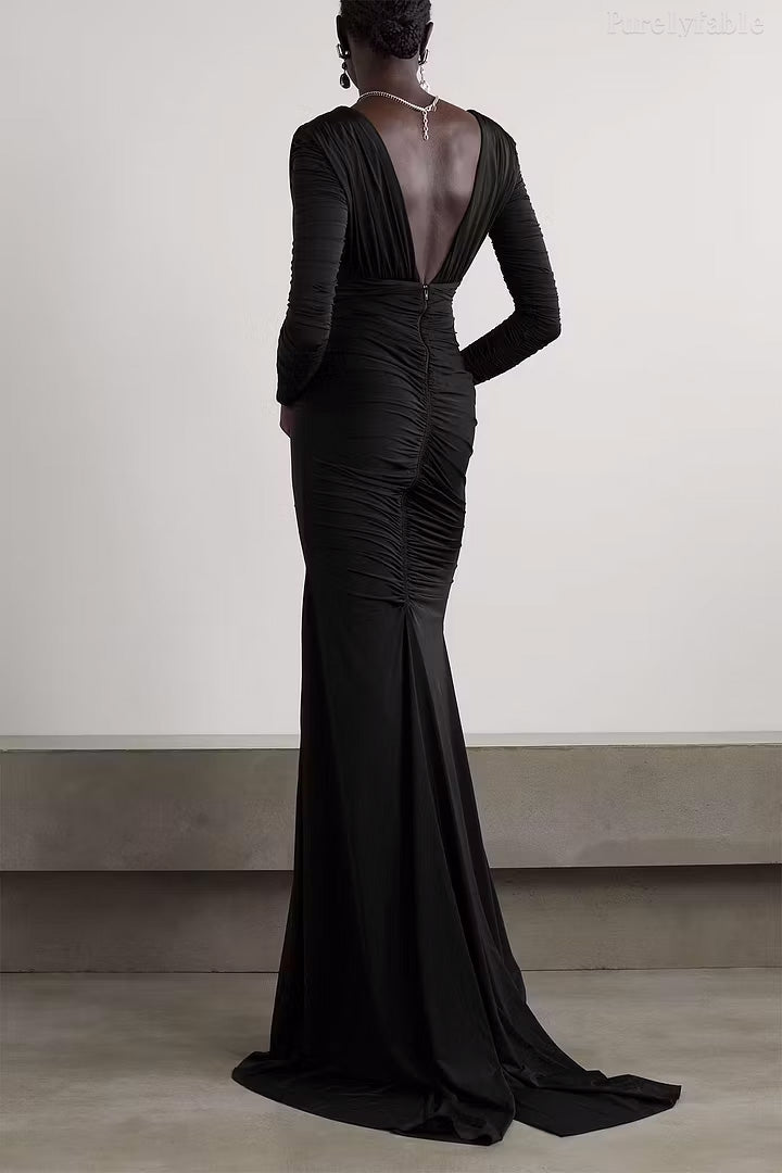 Marisol Black Pleated Bodycon Maxi Dress