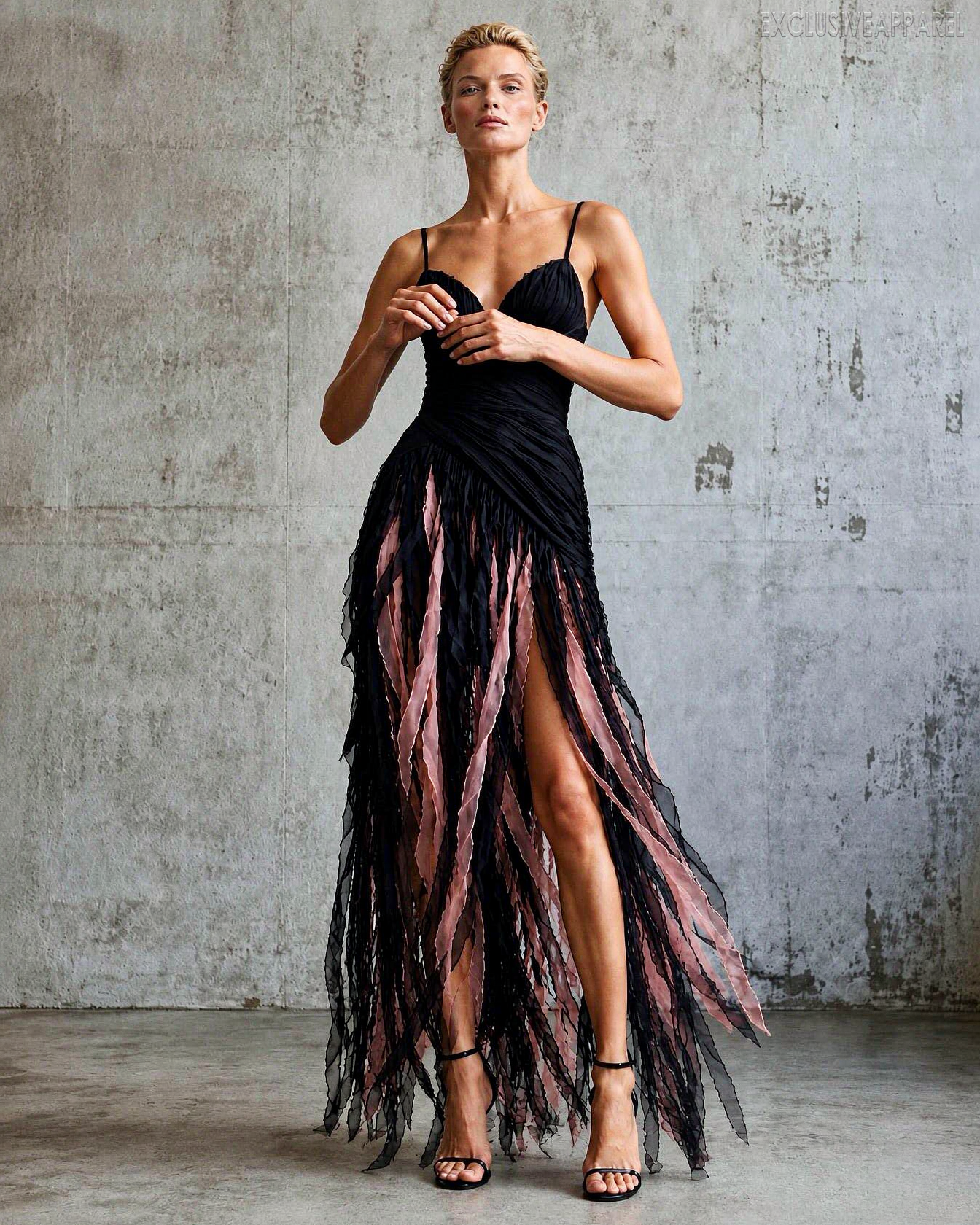 Azalea Black Striped Shoulder-Strap Fringed A-Line Dress